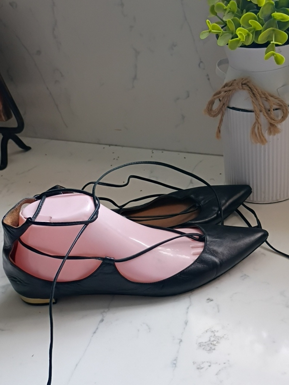 Aquazzura Black Pointed Lace-Up Flats